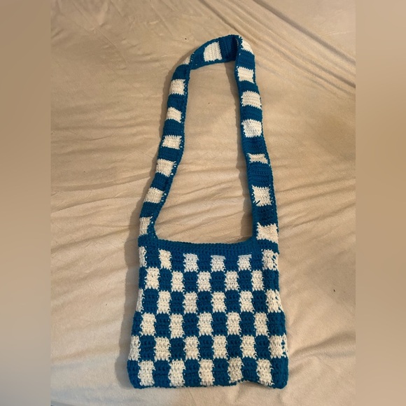 Handbags - Blue & white checkered crochet over the shoulder bag